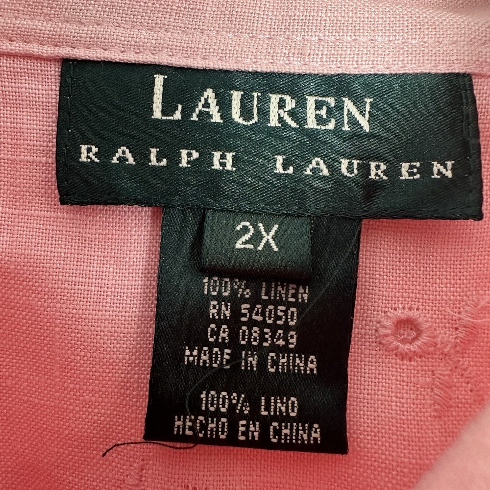 New Ralph Lauren Linen Shirt Womens 2X Button Up Pink Eyelet Lace Roll Tab L/S - Picture 3 of 8